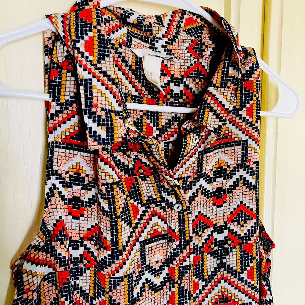 H&M Sheer Aztec Sleeveless Button Up Top